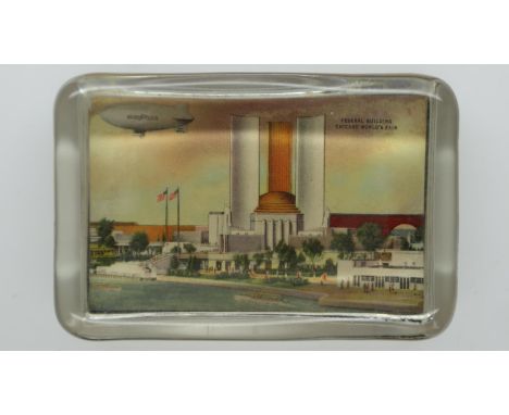 Rectangular glass paperweight for the Chicago World Fair showing the Federal building and an airship, 100 x 70 mm. UK P&amp;P