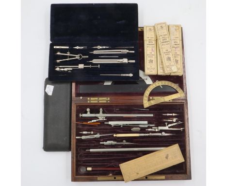 Three partial sets of drawing instruments, one set housed in a mahogany box with four boxes of Royal sovereign pencil refill 
