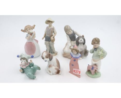 Seven Lladro and Nao ceramic figurines, largest H: 22 cm. no chips or cracks. Not available for in-house P&amp;P 