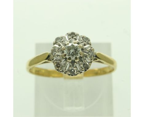 18ct gold diamond set cluster ring, size Q, 2.8g. UK P&amp;P Group 0 (£6+VAT for the first lot and £1+VAT for subsequent lots