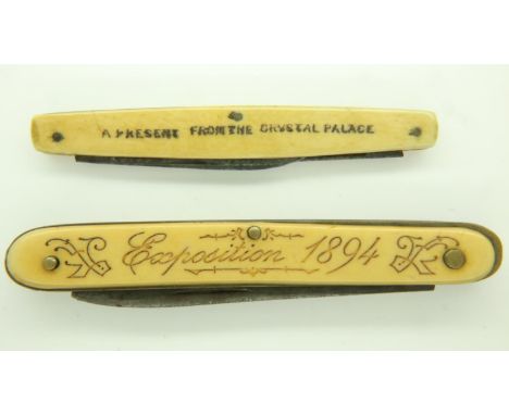 Two bone handled penknives, Crystal Palace and Ville De Lyon 1894. UK P&amp;P Group 1 (£16+VAT for the first lot and £2+VAT f
