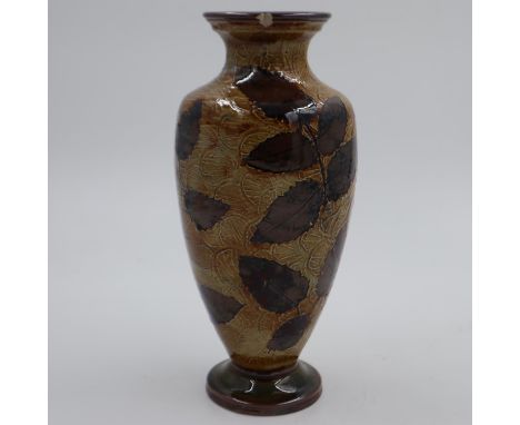 Royal Doulton glazed stoneware vase in the Autumn leaves pattern, H: 30 cm, chip to rim. UK P&amp;P Group 2 (£20+VAT for the 