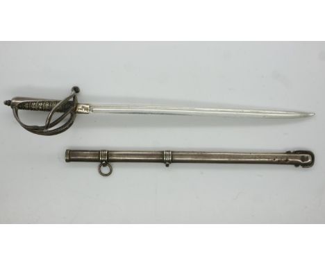 Rare Victorian hallmarked silver miniature dress sword with scabbard, Sheffield assay 1896. Large dint in scabbard base, smal