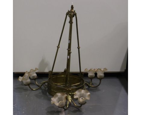 Brass light fitting with shades and rose. H: 87cm. No damage to shades but dirty, unsure if anything is missing, it weighs ar