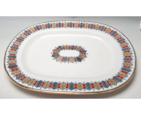 An antique 19th Century Victorian ceramic Burslem pearlware ceramic meat platter having a repeating polychrome geometric patt