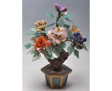 A 20th Century Chinese oriental precious stone bonsai tree ornament the trunk constructed from bound wire with paper mache ba