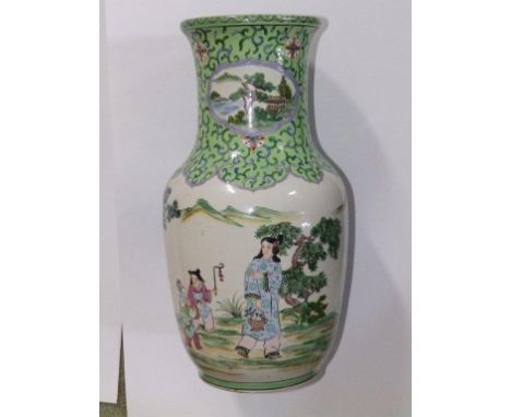 A 20thC Chinese polychrome porcelain vase , 14.25” – base drilled with hole for use as lamp 