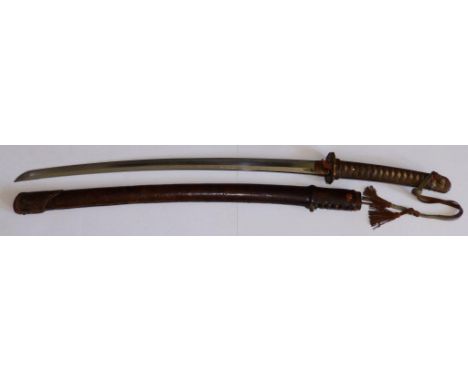 A  signed Japanese WWII Officer's katana, the cloth-bound,  rayskin grip with knot, floral decorated brass tsuba, 26” blade, 