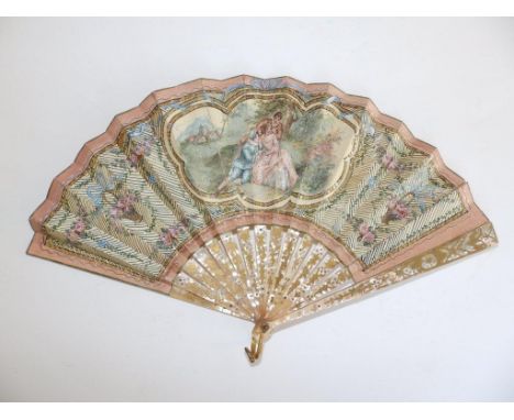 A late Georgian painted leaf fan, decorated in neoclassical taste with three elegant youths in central panel and applied colo