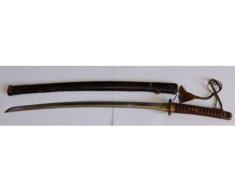 A signed Japanese  WWII Officer's katana, the cloth-bound rayskin grip with knot, ornately floral cast brass tsuba, 27” blade