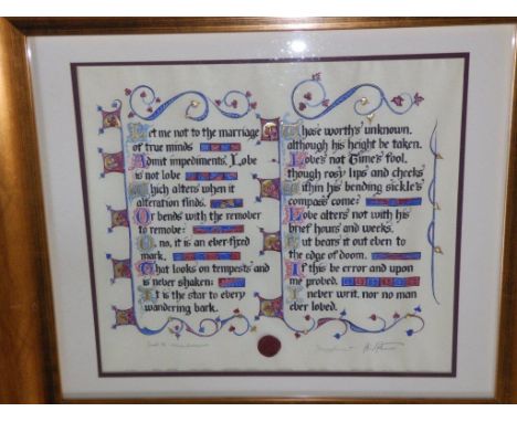 A modern illuminated parchment panel by Tammy &  Phil Pleasant – Shakespeare's Sonnet 116,  16” x 18” and one other, smaller 