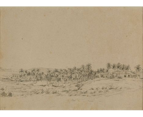 BleistiftzeichnungAdolf Hoeffler 1825 Frankfurt - 1898 Frankfurt "Kuba - Palmenbestandene Landschaft mit Architektur" u. li. 