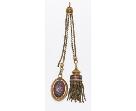 Biedermeier-Chatelet m. Emaille um 1850.18 kt GG, besetzt m. floralem polychrom. Emaille. Bestehend aus 1 Öse m. 2 herabhänge