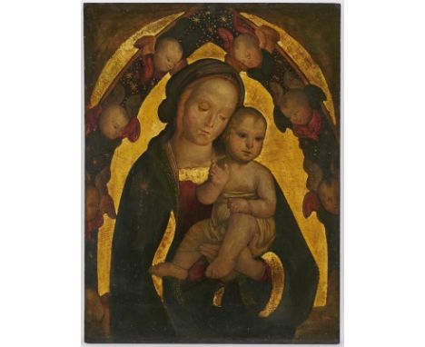 Gemälde Kopie nach Andrea Mantegna"Maria mit Kind" um 1900 Öl/Holz, 43 x 32 cm, o. R., beschnitten.