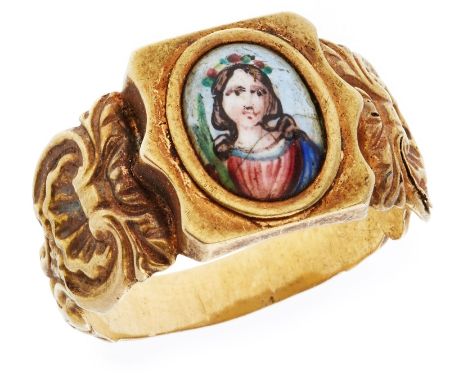 Gold-Ring m. Emaillebildnis "Hl. Maria",Barock-Stil, 19. Jh. 18 kt GG, besetzt m. 1 ovalen polychrom. Emaillebildnis d. Hl. M