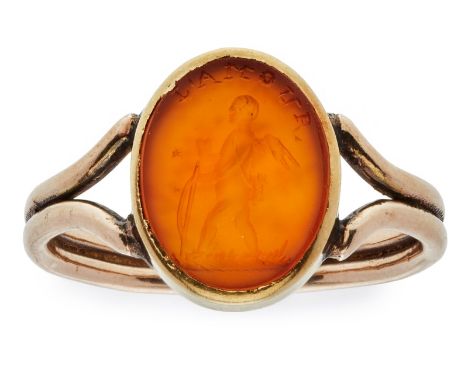 Siegelring m. Karneol-Gemme "Amor",antikisierter Stil, 19. Jh. 14 kt GG/RG, besetzt m. 1 ovalen Karneol- Gemme, beidseitig ge