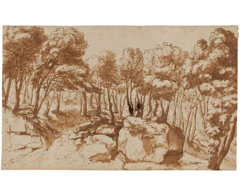 Lavierte SepiafederzeichnungLukas von Uhden, zugeschrieben "Felsbrocken in bewaldeter Landschaft" verso Sammlungsstempel: "El