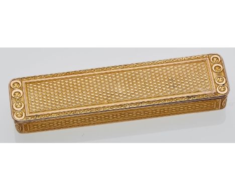 Zahnstocher-Etui, Frankreich 1817-1838.14 kt GG. Kl. rechteckiges Etui, allseitig m. geometr. Reliefgravur. Im Deckel doppelt