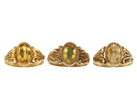 Konvolut v. 3 Gold-Ringen m. Citrinen,19. Jh. 18 kt GG, jew. besetzt m. 1 oval facettierten Citrin. Jew. reliefierte Ringschu