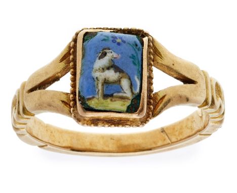 Gold-Ring m. Emaillebildnis "Hund", 19. Jh.18 kt GG, besetzt m. 1 kl. rechteckigen polychrom. Emaillebildnis auf Kupferplatte