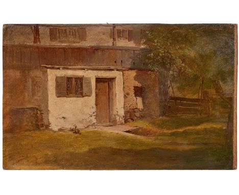 Ölstudie Wilhelm Busch1832 Wiedensahl - 1908 Mechtshausen "Hauseingang mit zwei Hühnern und Gartenwinkel" verso (Besitzer-)Ve