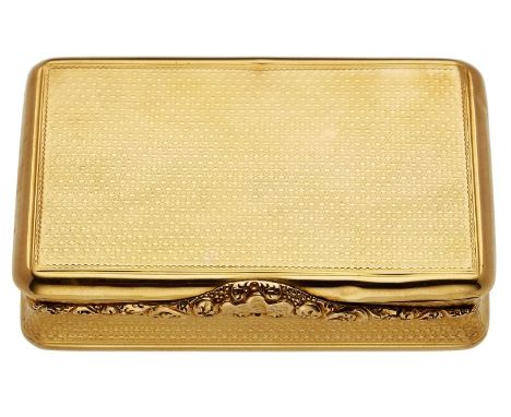 Tabatiere, Juw. John Lautier, London 1781.18 kt GG. Rechteckige Tabatiere allseitig m. guillochiertem Wellenmuster. Daumenras
