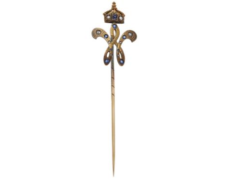 Krawattennadel, Hofjuw. Gebr. Friedländer,Berlin um 1908. 14 kt GG, besetzt m. 8 kl. Diamant-Rosen u. 8 kl. rund facettierten