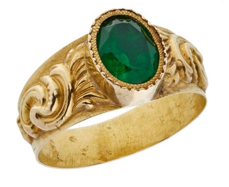 Smaragd-Ring, 19. Jh.18 kt GG, besetzt m. 1 oval facettierten Smaragd. Polierte Ringschiene, Ringschultern m. plastischen Orn