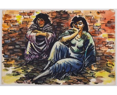 Gouache, weiß gehöhtFrans Masereel 1889 Blankenberge - 1972 Avignon "Zwei sitzende Frauen" 1940 u. re. monogr. u. dat. FM1940