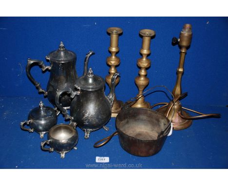 A vintage Copper preserving Pan, plated four piece Teaset and two 12" brass Candlesticks