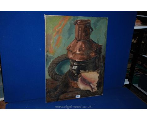 An Oil on canvas of Rope, Lantern and Shell by Arnold Bond