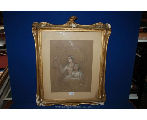 A Robert Boyd Paul, Pencil and coloured chalk Portrait of Mother and child with bird cage, monogrammed RB Paul, dated London 