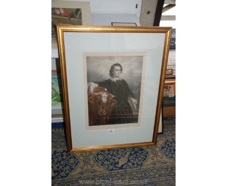 A 19th century lithograph of French Artist Rosa Bonheur with a bull