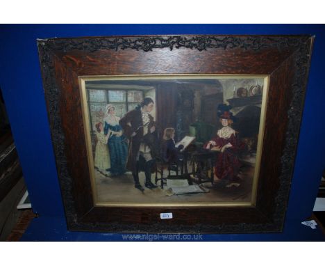 A heavy wooden framed Oil on Canvas, signed lower right Gladys Meynall 1907 of a child painting a portrait of a lady with oth