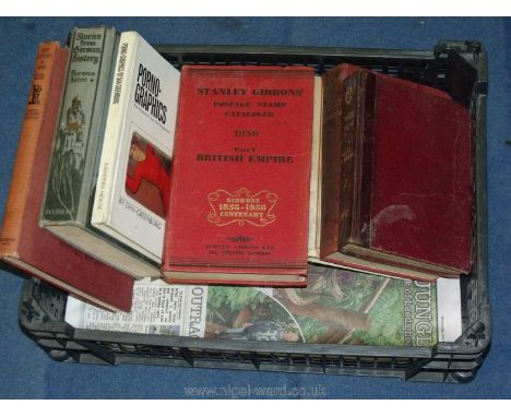 A crate of books:Wee Men, Stanley Gibbons Stamp Catalogue 1956 etc