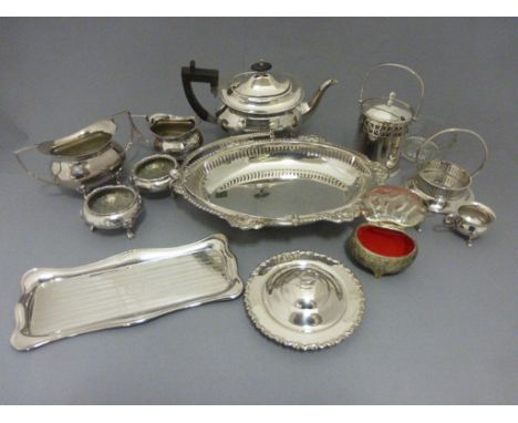 Group of Silver Plate including Three Piece Tea Service, Pair Salt Cellars, Swing Handled Dish, Preserve Jar, etc