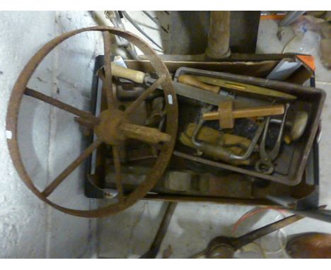 Group of Tools including Two Handled Saw, Spades, Forks, Wooden Handle Chisels plus a Iron Six Spoke Wheel