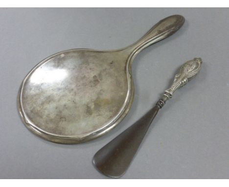 Silver Backed Dressing Table Mirror and a Silver Handled Shoe Horn