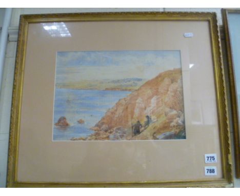 Victorian seascape watercolour doping figures on cliff 56cm x 51cm