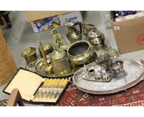 Mixed Lot of Metalware including Four Piece Silver Plated Tea Service, Silver Plated Serving Trays, Indian Brass Pot & Lid, P