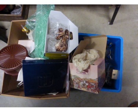 Two Boxes of Mixed Items including Resin Oriental Figures, Alabaster Table Lamp, Silver Plate, Pair of Japanese Bankoware Vas