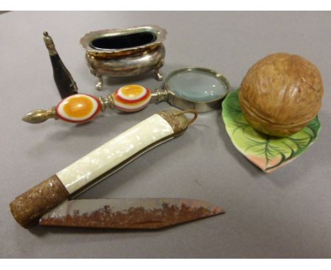 Magnifying Glass with Glass Handle, Pen Knife, Salt Cellar, Ceramic Acorn Inkwell and a Bottle Shaped Cigar Cutter