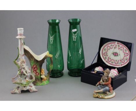 Large Early 20th century Pink Vase with transfer printed panels of children , Early 20th century Green and Cream Ground Vase 