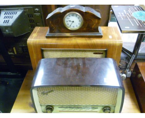 Two Vintage Radios - Ferguson and Cambridge Pye together with Edwardian Inlaid Mantle Clock