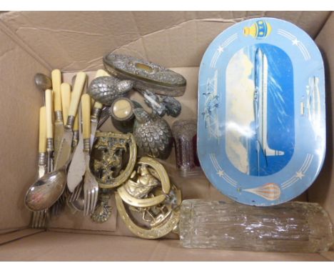 Mixed Lot including Plated Partidge Cruets, Inkwell, Cutlery, B.O.A.C Airplane Advertising Tin, Glass Vases and Horse Brasses