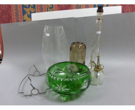 Green Cut Glass Fruit Bowl, Smoky Glass Vase (possibly Whitefriars), Glass Table Lamp and Vase