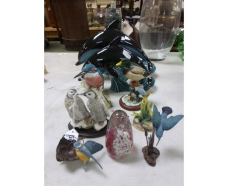 Two Poole Pottery Dolphins, Mdina Glass Bird Paperweight, Border Fine Arts Duck and Butterfly plus Four Other Birds and Hedge
