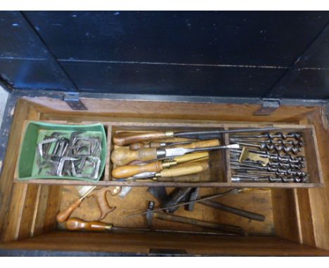 Large Victorian Black Stained Pine Tool Box with a good quantity of hand tools