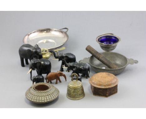 Six Ebony Elephants plus another Wooden Elephant, Pewter Two Handled Bowl, African Bangle Bowl plus other Metalware and Treen