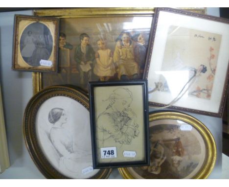 Victorian gilt framed portrait of school children, four 19th Century portraits, plus oriental watercolour of a girl  